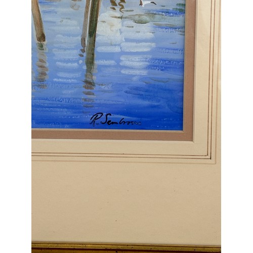 16 - Large framed signed water colour depicting sail boats measures approximately 29 inches by 21 inches