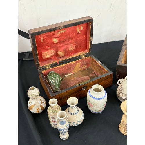 3 - Selection of oriental miniature vases and 2 tea caddys