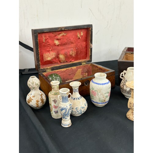 3 - Selection of oriental miniature vases and 2 tea caddys