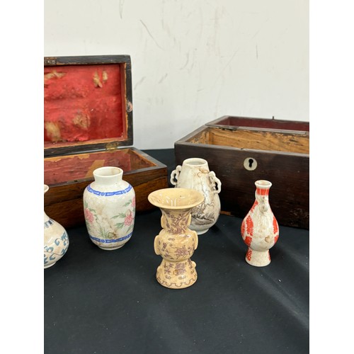 3 - Selection of oriental miniature vases and 2 tea caddys