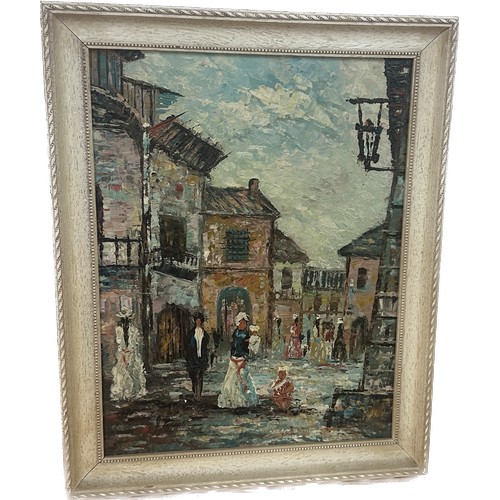 23 - Pair of signed continental oil paintings one depicting a village scene the other a city landscape la... 