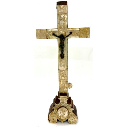 522 - Antique 19th century wooden crucifix decorated with mother of pearl