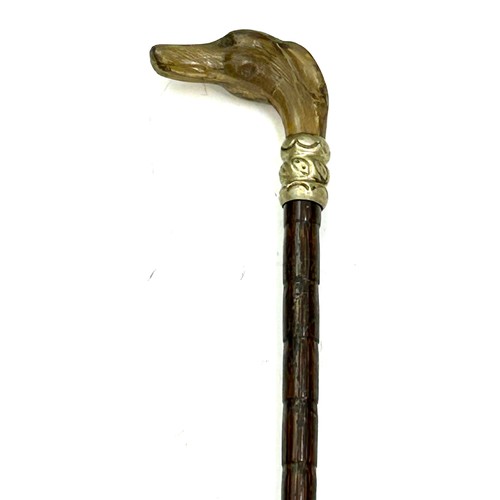 519 - Art Deco ladies walking cane with carved horn dogs head handle (Damage to cane)