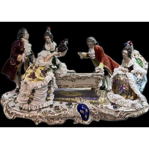 521 - Rococco style lace porcelain group depicting a gallant scene in a billiard room, Approximate measure... 