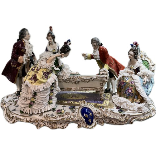 521 - Rococco style lace porcelain group depicting a gallant scene in a billiard room, Approximate measure... 