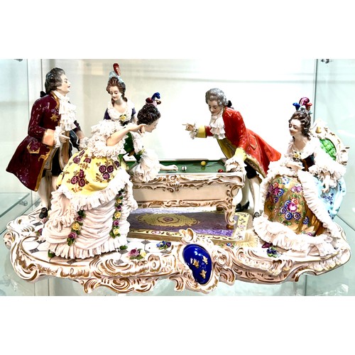 521 - Rococco style lace porcelain group depicting a gallant scene in a billiard room, Approximate measure... 