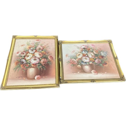 123 - Pair of gilt framed original paintings depicting flowers signed ' K Stone' measures approx 23 inches... 