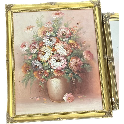 123 - Pair of gilt framed original paintings depicting flowers signed ' K Stone' measures approx 23 inches... 