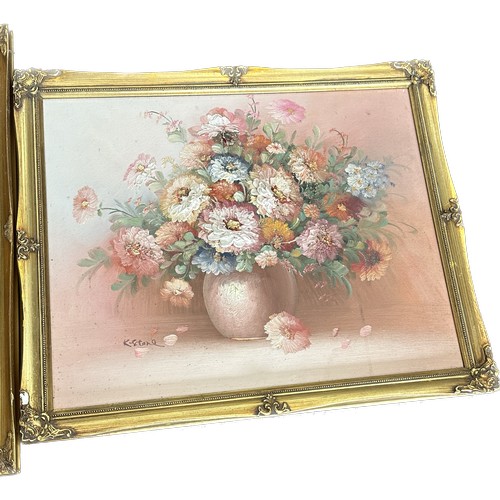 123 - Pair of gilt framed original paintings depicting flowers signed ' K Stone' measures approx 23 inches... 