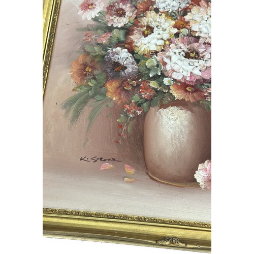 123 - Pair of gilt framed original paintings depicting flowers signed ' K Stone' measures approx 23 inches... 