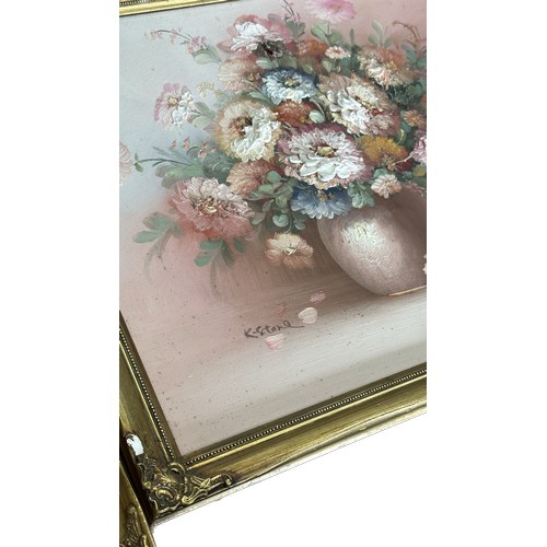 123 - Pair of gilt framed original paintings depicting flowers signed ' K Stone' measures approx 23 inches... 