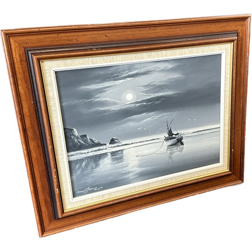 120 - Framed original  painting depicting a boat at sea signed ' David James' measures approx 19 inches ta... 