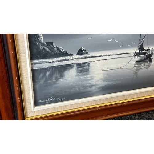 120 - Framed original  painting depicting a boat at sea signed ' David James' measures approx 19 inches ta... 