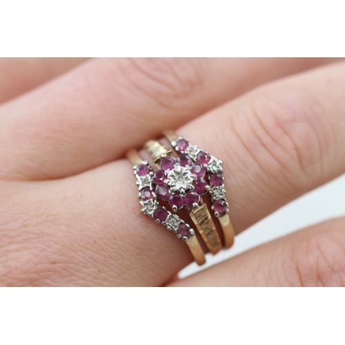 86 - 9ct gold ruby & diamond engagement set 3 x rings (4.3g)