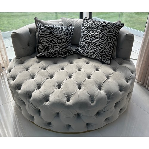 585 - Grey fabric button detail love seat, overall diameter: 56 inches Height 28 inches,