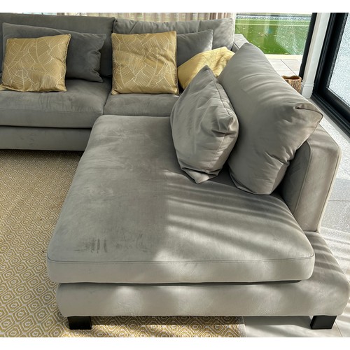 588 - Large grey fabric corner sofa, good overall condition, approximate measurements: Length 117 inches, ... 