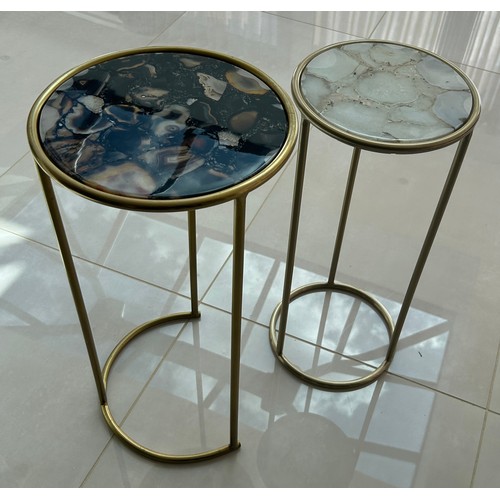 590 - Nest of 2 metal and stone top detailed side tables, overall height of tallest 23 inches, diameter 12... 