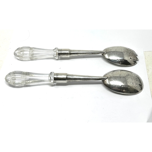 6 - Large pair of silver and glass handle salad servers each measure 10.5ins long Birmingham silver hall... 