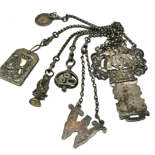 13 - Antique white metal 5 chain chatelaine all with attachments