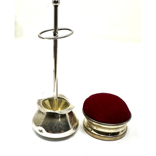 16 - Vintage silver hat pin stand weight 46g chester silver hallmarks and pin cushion weight 17g