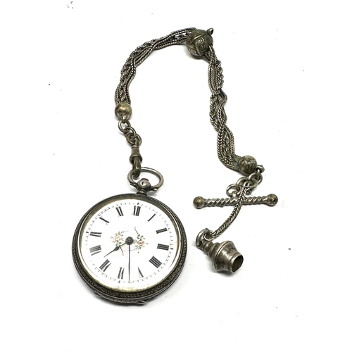 355 - Antique silver fob watch & albertina chain the watch is ticking