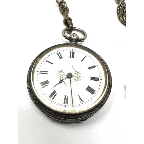 355 - Antique silver fob watch & albertina chain the watch is ticking