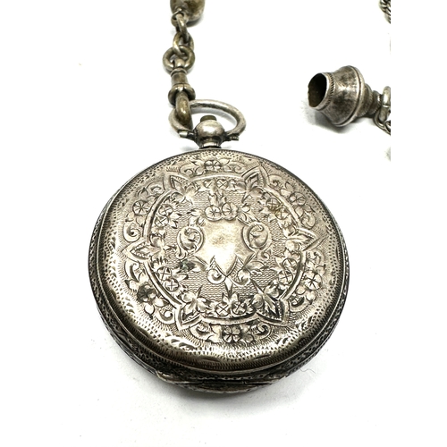 355 - Antique silver fob watch & albertina chain the watch is ticking