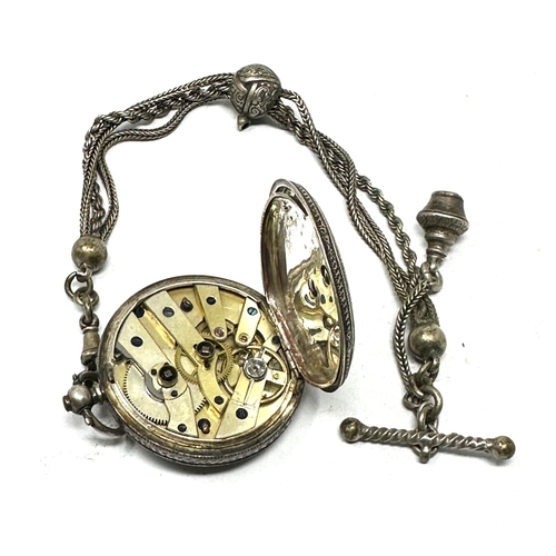 355 - Antique silver fob watch & albertina chain the watch is ticking