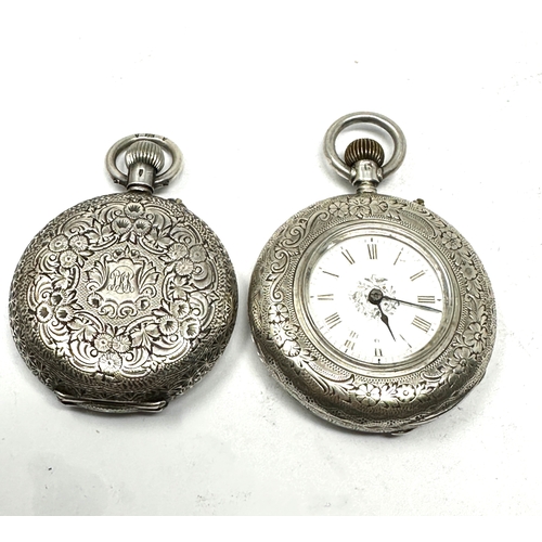 356 - 2 antique silver fob watches full hunter and half hunter type both are ticking