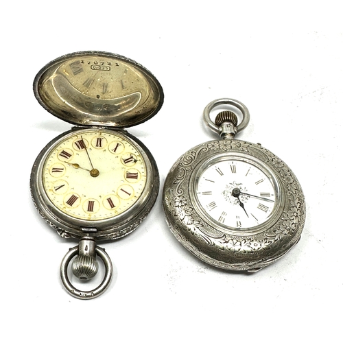 356 - 2 antique silver fob watches full hunter and half hunter type both are ticking