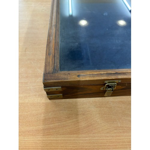 243 - Vintage wooden display case measures approximately 33inches wide  21 inches depth  4 inches tall