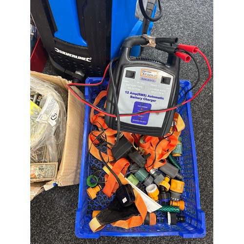 171 - Pressure washer, together with a selection of nails and screws, cased jigsaw, vice, hose attachments... 