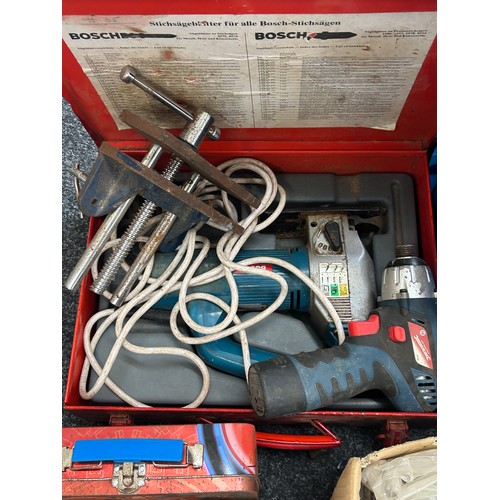 171 - Pressure washer, together with a selection of nails and screws, cased jigsaw, vice, hose attachments... 