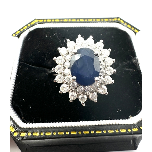 128 - 18ct white gold sapphire & diamond ring sapphire measures approx 9mm by 7mm with est 1ct diamonds we... 