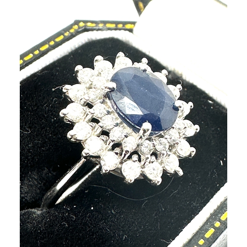 128 - 18ct white gold sapphire & diamond ring sapphire measures approx 9mm by 7mm with est 1ct diamonds we... 