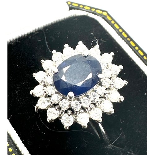 128 - 18ct white gold sapphire & diamond ring sapphire measures approx 9mm by 7mm with est 1ct diamonds we... 