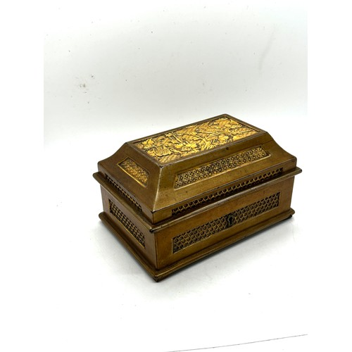 509 - 1920s antique Chinese papier mache gilded jewellery box casket size 18cm by 12cm by 10cm tall