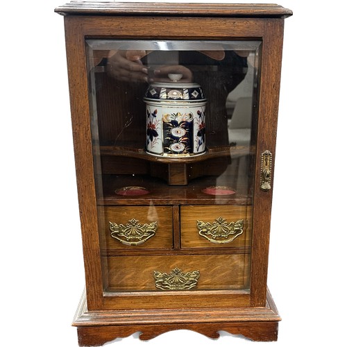 66 - Vintage oak brass handled smokers cabinet with key measures approx 17 inches tall, 8 deep, 10 wide