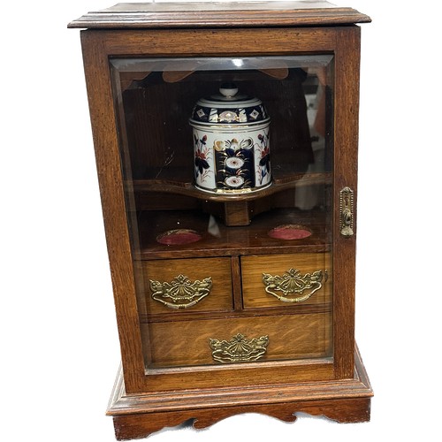 66 - Vintage oak brass handled smokers cabinet with key measures approx 17 inches tall, 8 deep, 10 wide