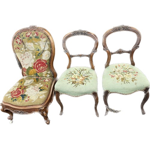 593 - Selection of three vintage upholstered chairs one bedroom chair on casters