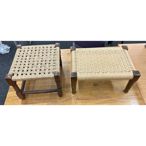 587 - Two wicker and wood foot stools largest measures approx 9 inches tall by 19 wide