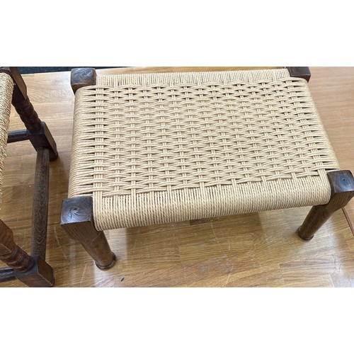 587 - Two wicker and wood foot stools largest measures approx 9 inches tall by 19 wide