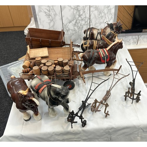 195 - Selection of porcelain shire horses some with wooden carriages and ploughs