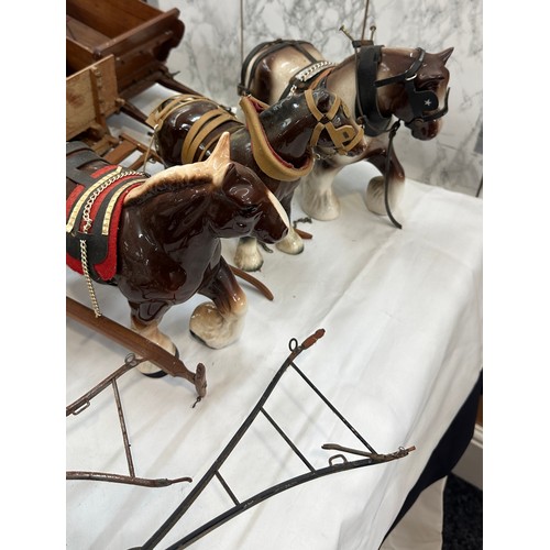 195 - Selection of porcelain shire horses some with wooden carriages and ploughs