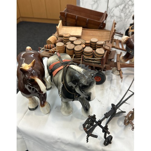 195 - Selection of porcelain shire horses some with wooden carriages and ploughs