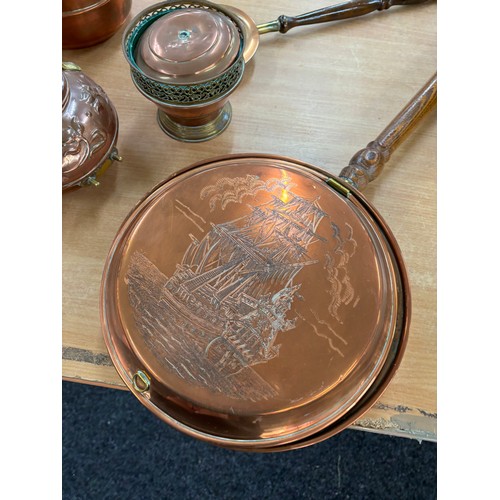 139 - Selection of copper ware includes bed pan, kettles etc