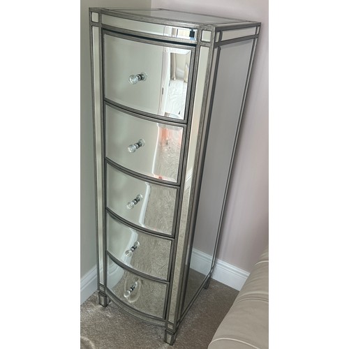 582 - Mirrored narrow 5 drawer chest, approximate measurements:  Height 49 inches, Width 16 inches, Depth ... 