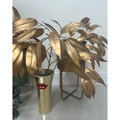 255 - Selection of plant pots, artificial gold leaf plants etc