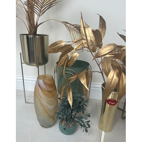 255 - Selection of plant pots, artificial gold leaf plants etc