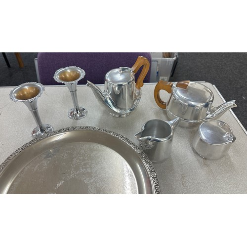 153 - Selection of EPNS items to include coffee set, candle sticks and a tray